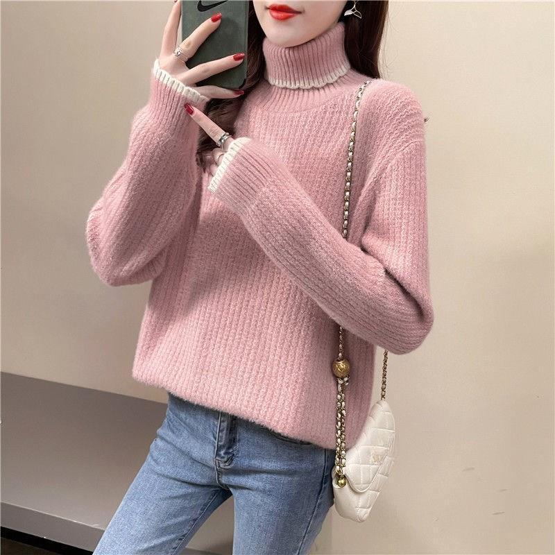 

Зимний женский свитер с высоким воротом, свободный, теплый, модный, базовый, вязаный свитер, топ для женщин 3XL розовый
