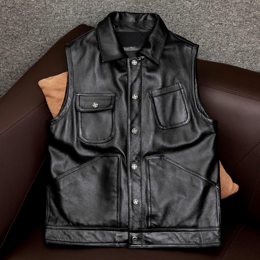 

Новый Жилет из Натуральной Кожи Мужской Приталенный Без Рукавов Жилет Короткая Куртка Повседневная Мода 4XL чёрный