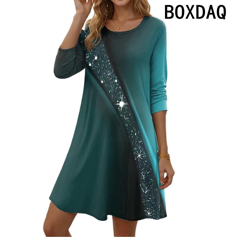 Women Long Sleeved Round Neck Casual Dress Vintage Gradient Printed A-line Dress Big Size Elegant Vintage Dresses Vestidos