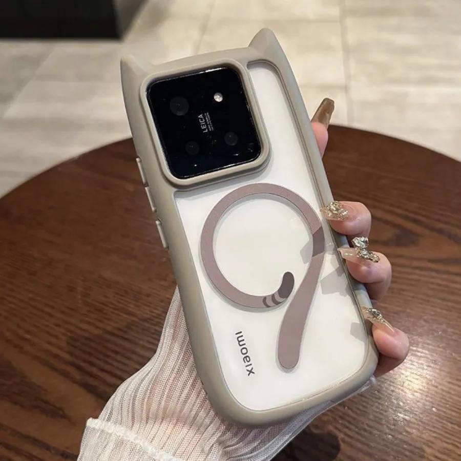 

Для Magsafe Магнитный Милый Чехол с Ушками Кошки Для Xiaomi 17 15 14 Pro Max Для Redmi Note 13 5G Жесткий Ударопрочный Чехол для Беспроводной Зарядки For Xiaomi 14
