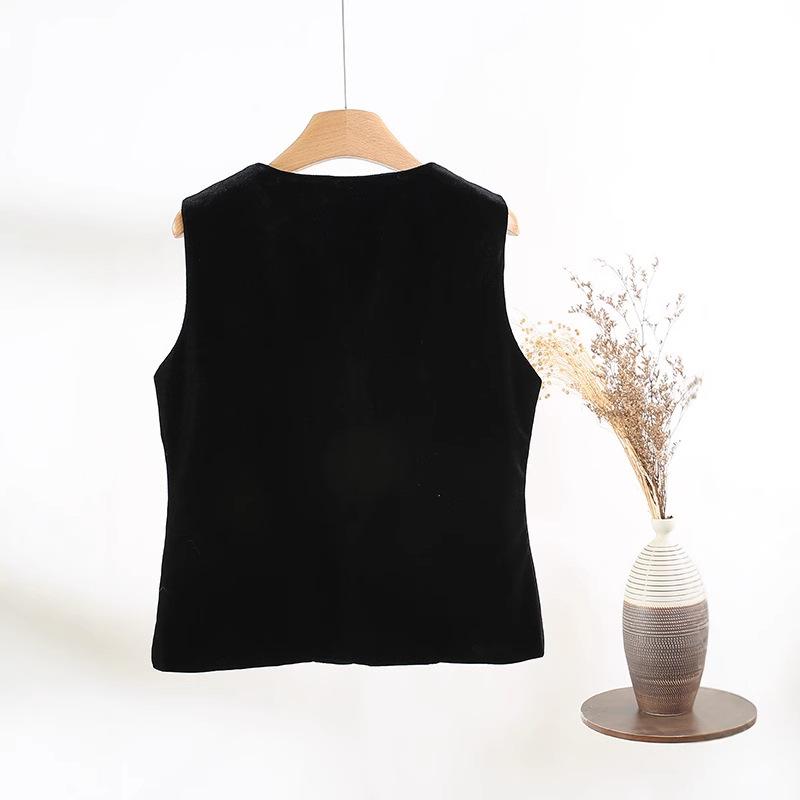 French retro fashionable vest top women's 2025 autumn new high-end velvet black vest