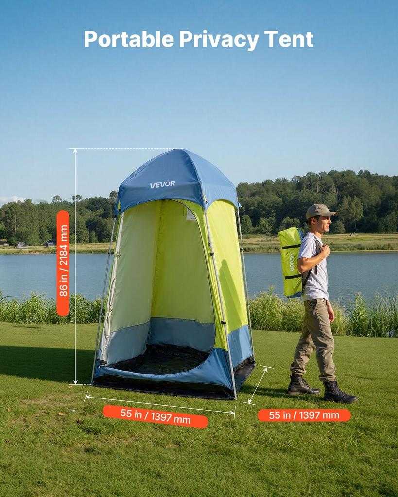 Camping Shower Tent, 1 Room, Portable Privacy Tent Changing Room with Ground Stakes, Ropes, Carry Bag, and Steel Poles, 200D Oxford Fabric with Silver