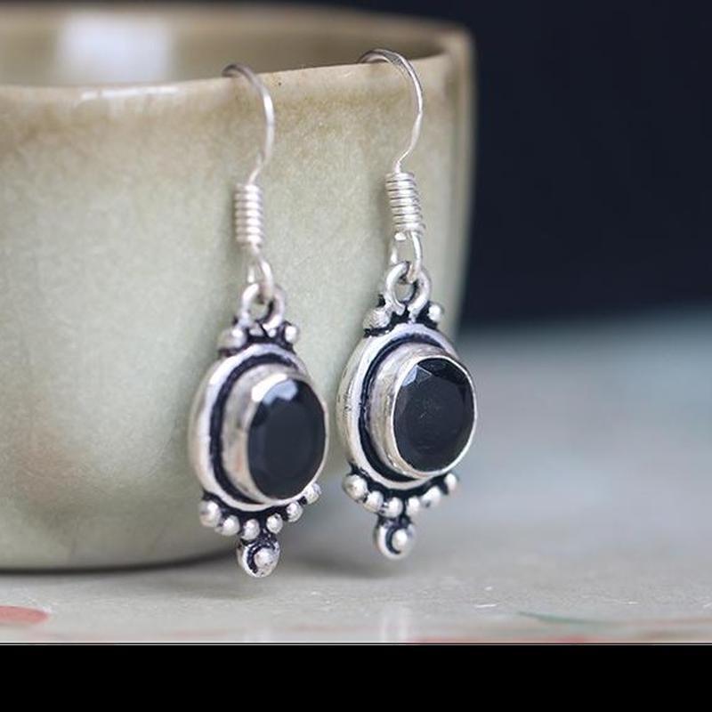 S925 Sterling Silver Indian Hand Inlaid Natural Black Agate Earrings