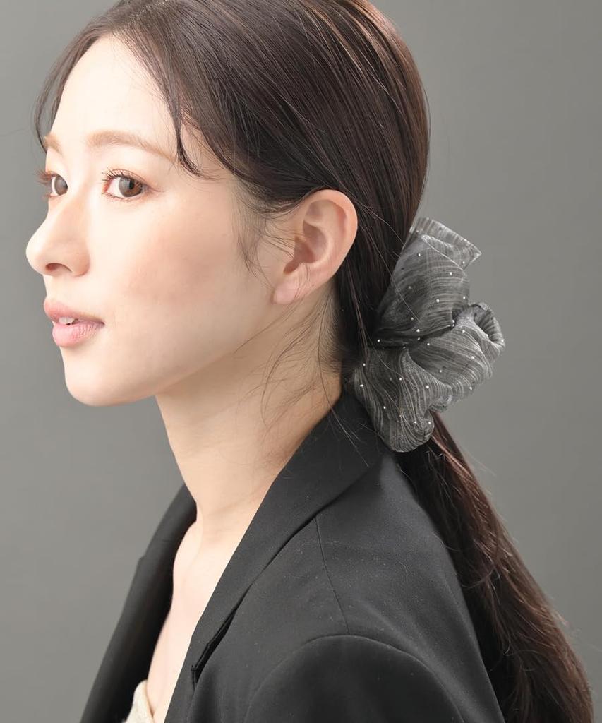 VINGTAINE Scrunchie, Organza, Gray, Studs, Stones, Volume, Gorgeous, Chic, Mature, HS-213