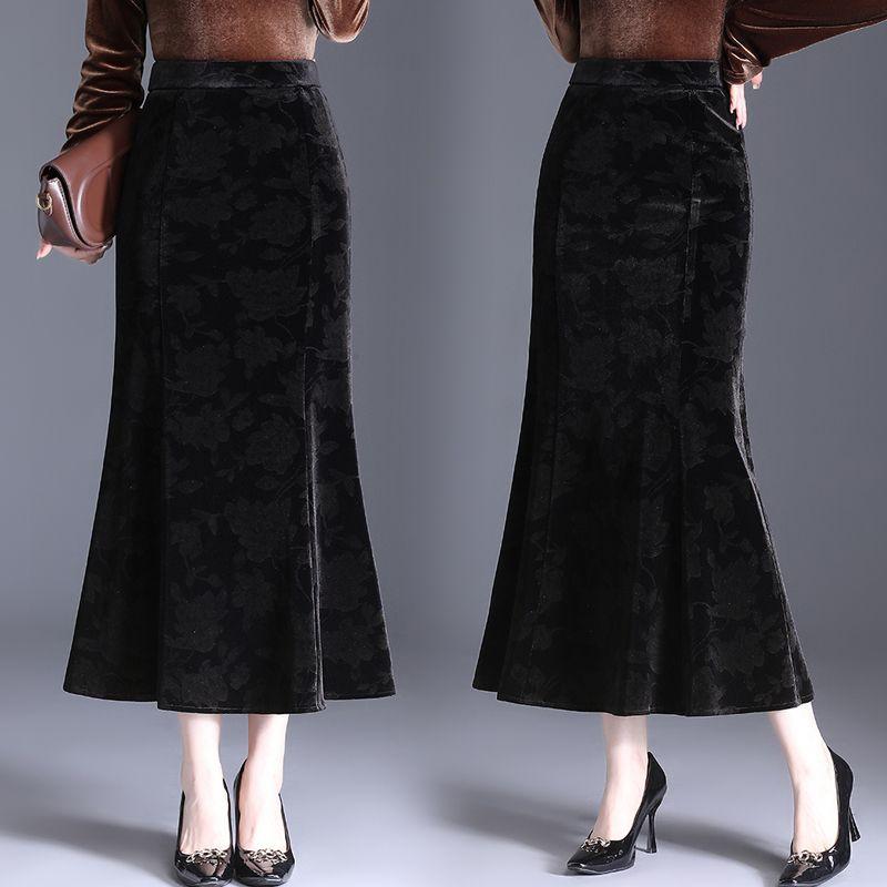 Autumn Winter Velvet Pencil Skirt High Waist Slim Fit Stretchy Wrap Fish Tail Midi Skirt Elegant Bodycon