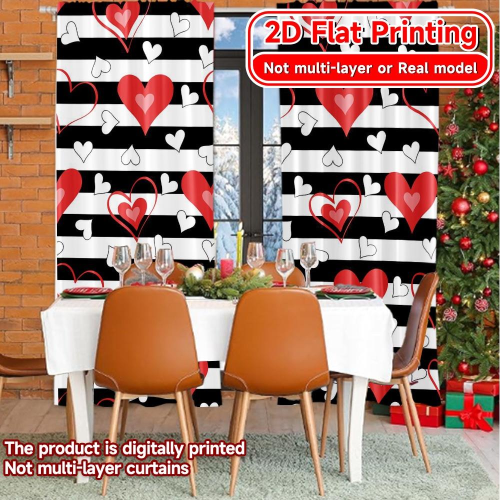 2D Flat Printing,2pcs Heart Stripes Chic Minimalist Curtains Prints Light Filtering Curtains Home Decor Perfect for Bedroom,