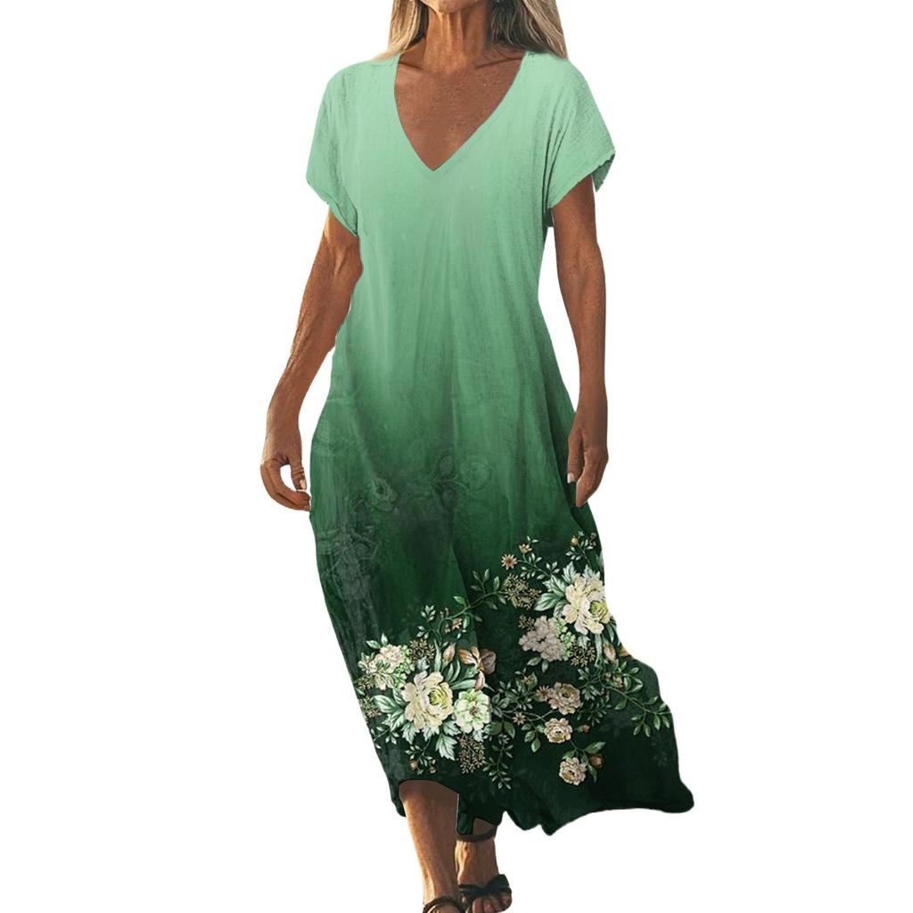 Fashion Women's Summer V-Neck Short Sleeve Floral Print Beach Dress