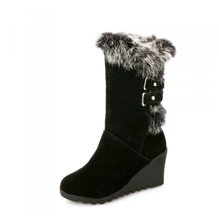 Wedge Heel Wool Cotton Boots, Rabbit Fur Wedge Heel Medium Boots, Thickened Warm Winter Boots for Women, Join