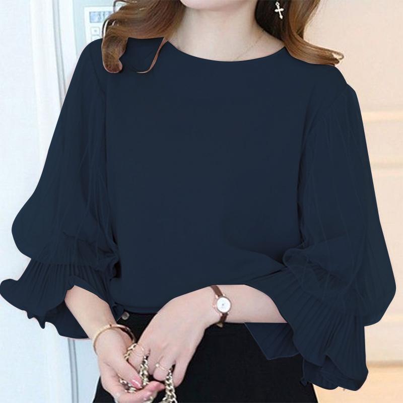 ZANZEA Women Spring Round Neck Lantern 3/4 Sleeve Mesh Pleated Blouses