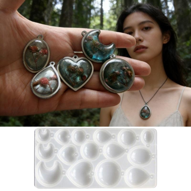 Heart Oval Moon Round Resin Pendant Silicone Molds with 15 Cavities For Handmade Resin Pendant Jewelry Crafting