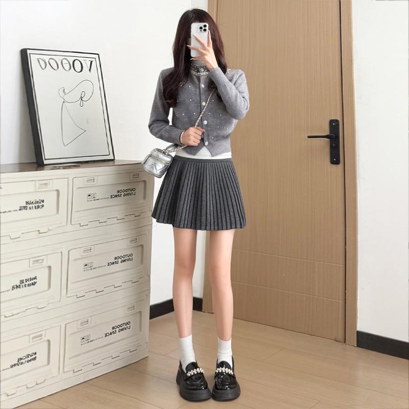 2026 New Petite Women's Grey Woolen A-line Pleated Short Skirt - Fluffy & Slimming Spring Style