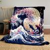 Cherry Blossoms, Wave, and Koi Fish Design Patterned Blanket, Flannel, Suitable for All Seasons, Home Decor, Warm and Cozy