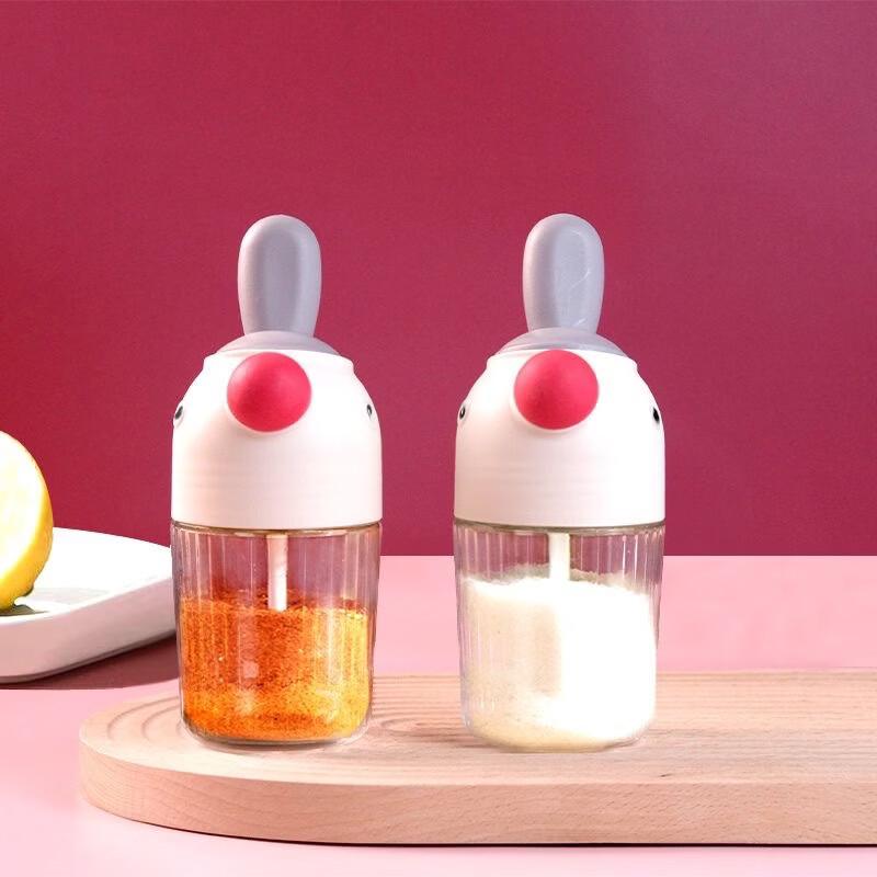 Ru Han Glass Spice Jars with Spoon Lid, White (2-Pack)