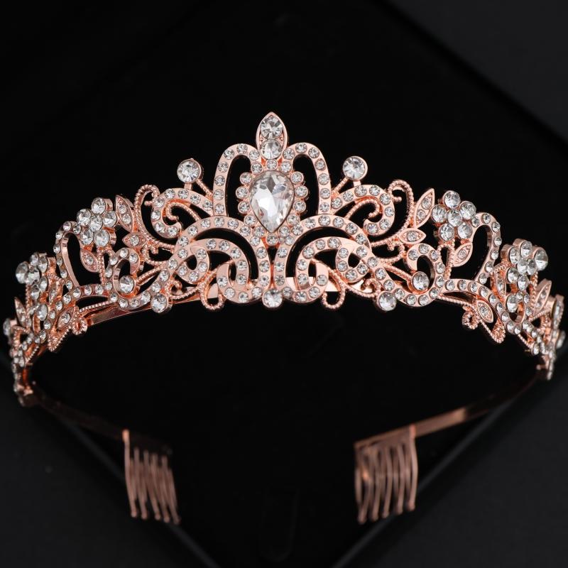 Rose Gold Crystal Bridal Tiaras and Crowns for Women Bride Rhinestone Prom Diadem Headband Bridal Wedding Hair Accessories Crown