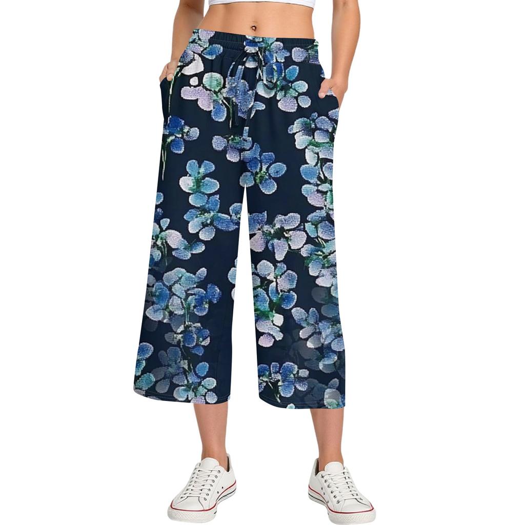 Damen Sommer Hohe Taille Bedruckte Freizeit-Sportbekleidung Lässige Cropped-Hose Weite Hose