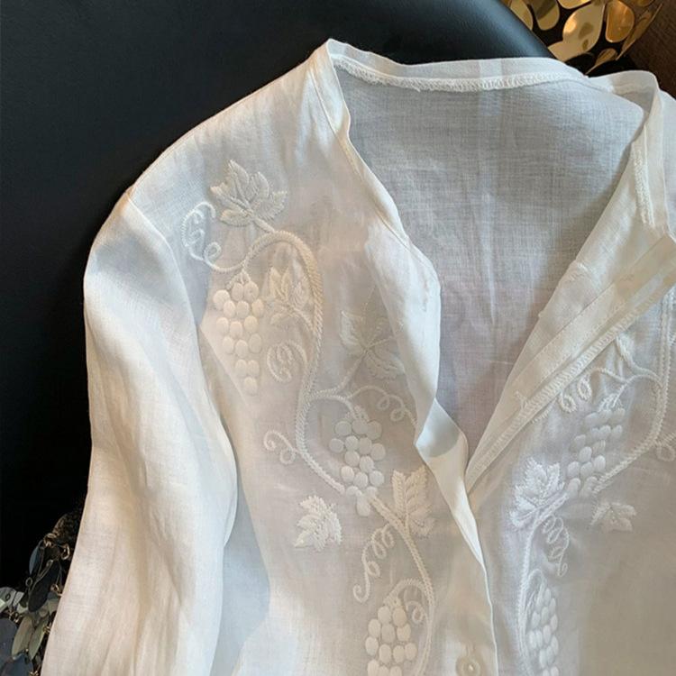 Women's Long Sleeve Blouse V Neck Japanese Casual Linen Shirt Floral Embroidery Open Front Top