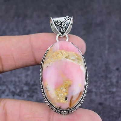 Naturlig Pink Opal Ædelsten Håndlavet 925 Sterling Sølv Gave Vedhæng 2,21" Y3s02