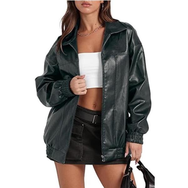 Stylish PU Leather Jacket for Women with Lapel Collar, Front Zipper & Side Pockets