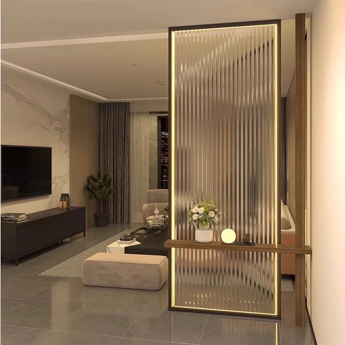

Modern Glass Screen: Laminated Glass with Wire Mesh and Illuminated Stainless Steel for Entrance or Hallway розового золота