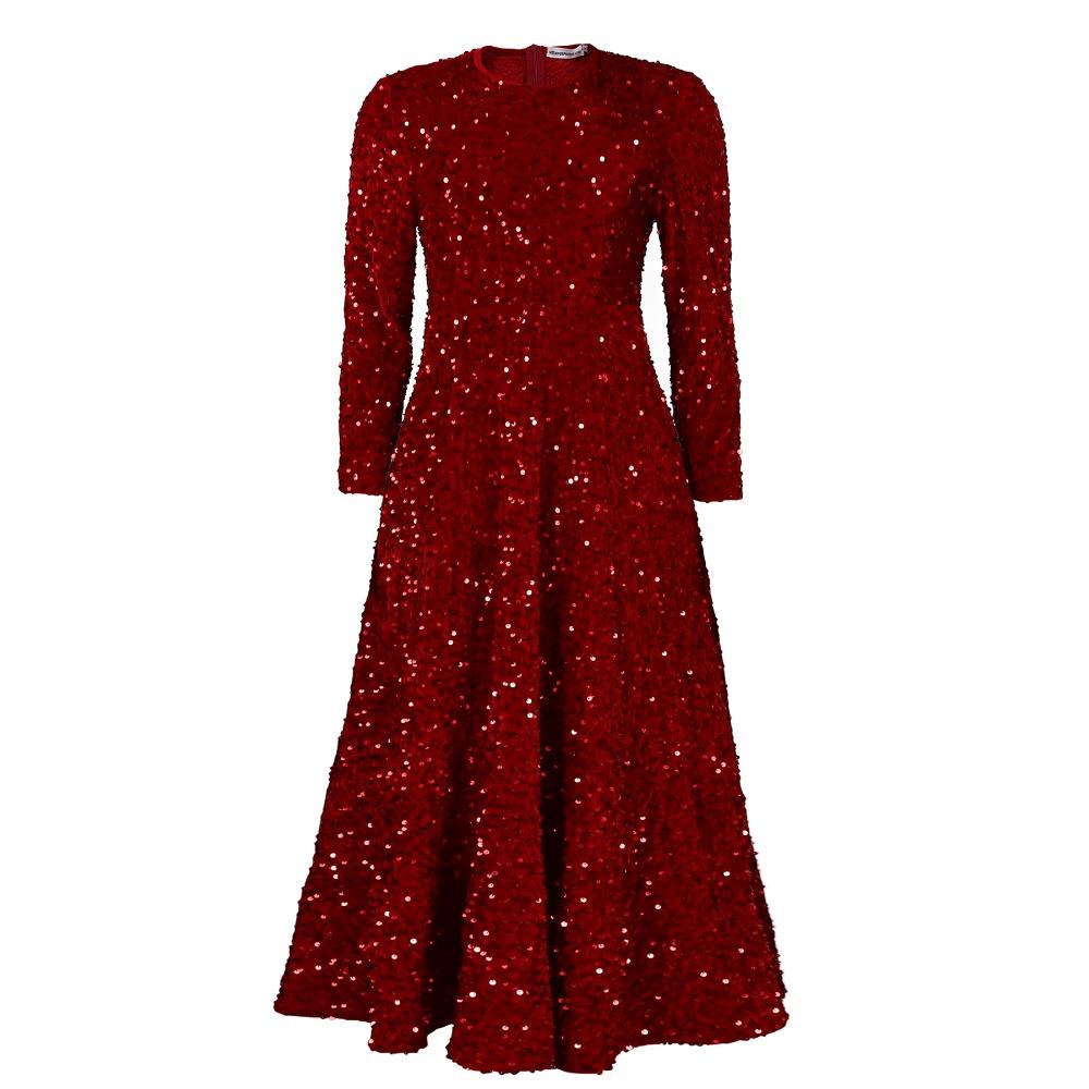 Women's Round Neck Long Sleeve Maxi Dress A Line Fit High Waist Elegant Sequin Evening Dress Solid Color Flared Party Gown