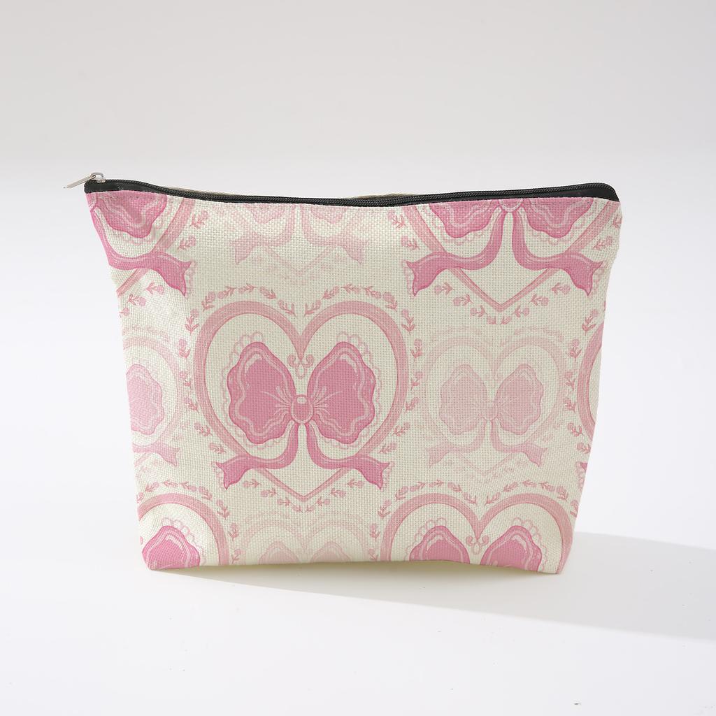 Pink Bowknot Zipper Storage Bag Travel Portable Wash Pouch Student Pencil Case Multi-Purpose Organizer for Women