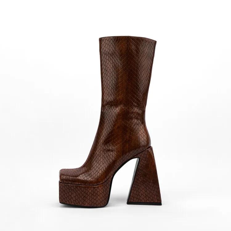 Fashion New Stone Pattern Side Zipper Thick Heel Mid-calf Boots Women Square Headed Waterproof platform Short Plush Winter Boots Size 45
