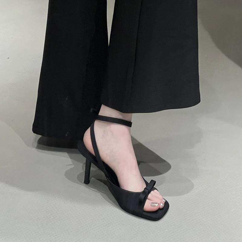 Fashion Black High Heels Ladies Summer 2025 Bow Stiletto Premium French High Heel Sandals