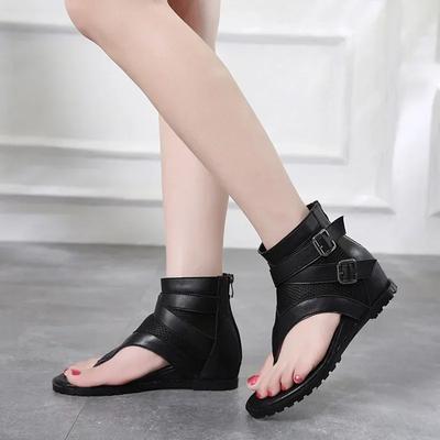 Casual Wedge Sandals for Women Summer High Top Shoes Buckle Belt Decoration Height Increasing Clipped Toes Roman Shoe Black