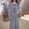Blouse Pants Set 2 Pcs/Set Women Top Round Neck Half Sleeves Irregular Hem Dating Outfit Wide Leg Elastic Waist Trousers Daily Leisure Pantsuit