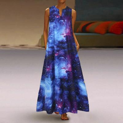 Women's A-line Dress Maxi Long Sleeveless Blue Milky Way Print Autumn/winter V-neck Retro Style Elegant