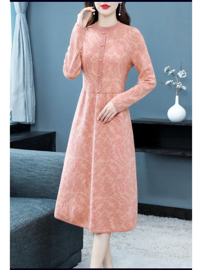 Autumn Winter 2025 High Neck Patterned Long Knit Sweater Dress