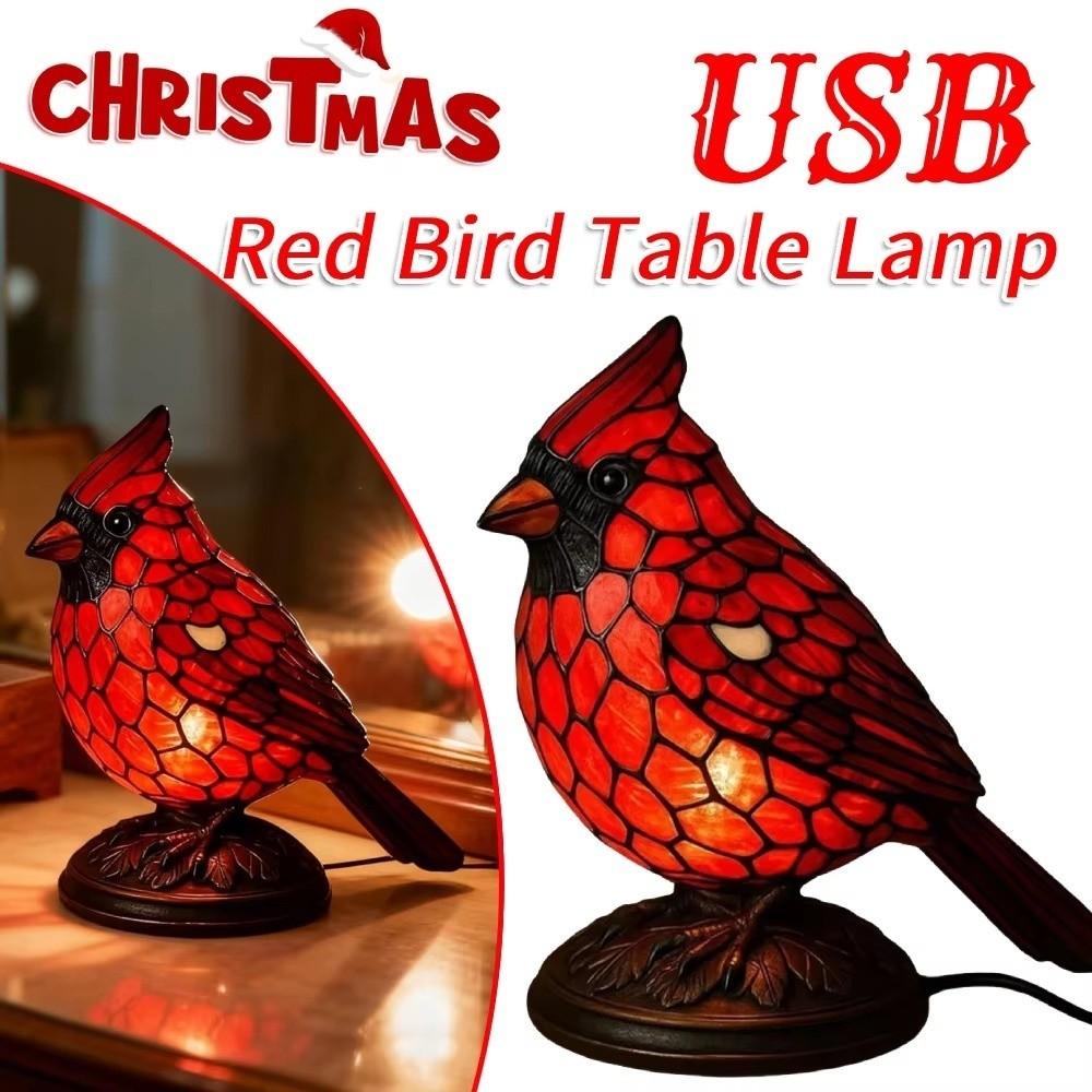 Resin Red Bird Table Lamp Handmade Stained Glass Lamp Bird Decor Light  Bedside Table