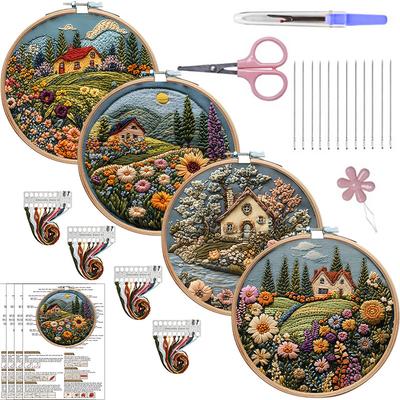 1 pieza Kit de Manualidades de Tela Bordada DIY con Patrón de Casa y Flores con Herramientas