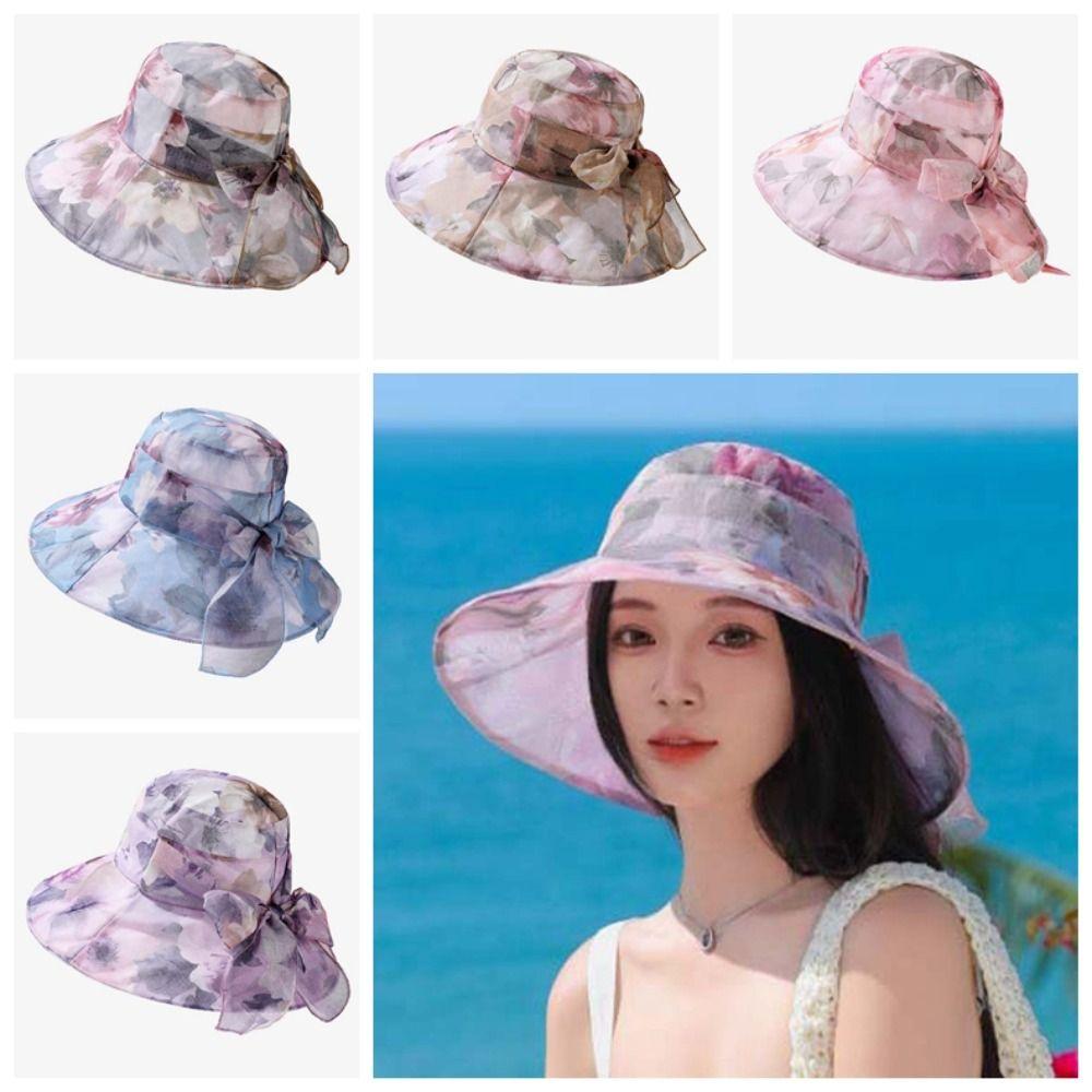 Foldable Thin Bow Sunshade Cap Portable Sunscreen Basin Hat Women Fisherman Hat  Outdoor