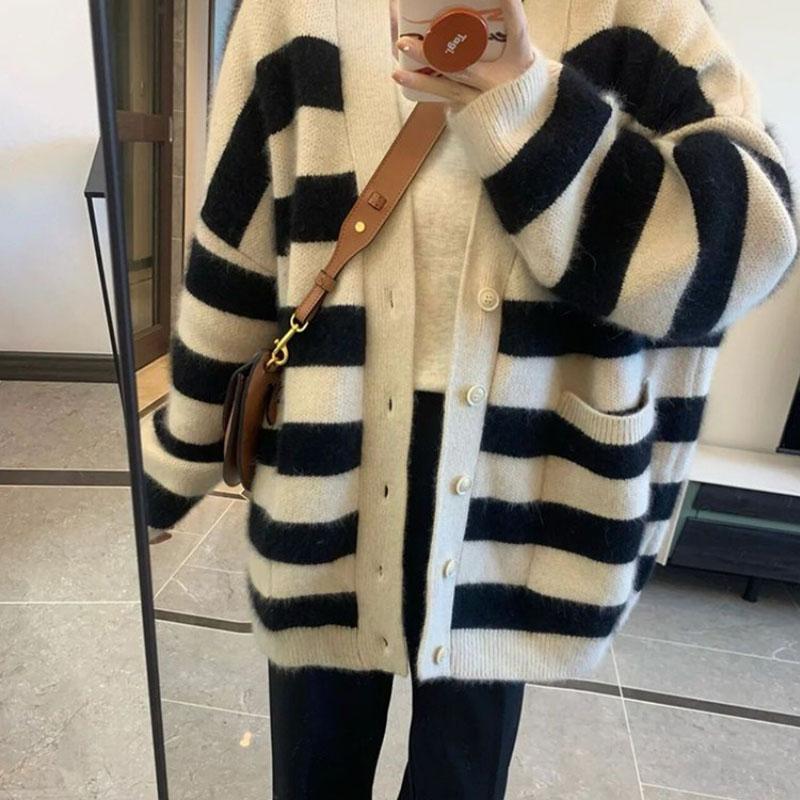 W paski miękki kleisty sweter sweter z dzianiny sweter jesień 2023 Slouchy wersja koreańska luźny sweter z długim rękawem płaszcz damski