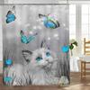 Weißer Kater Mit Blauen Schmetterlingen Duschvorhang Wasserdicht Leicht Zu Reinigen Sichtschutz Druck Fantasy Kunst Design Elegant