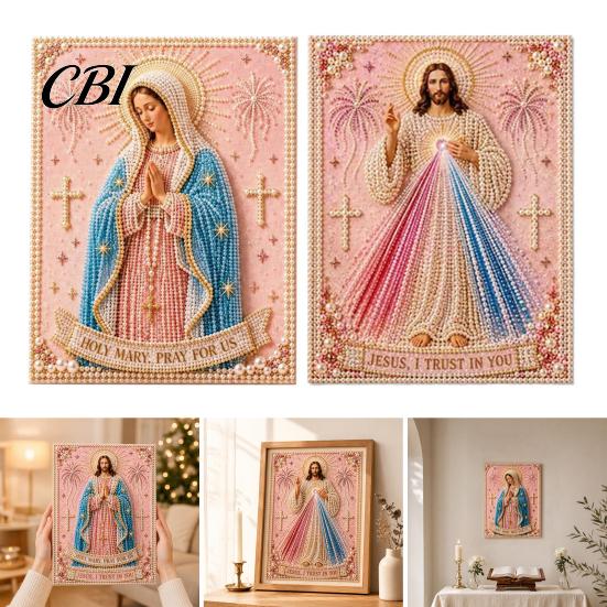 3D Pearl Texture Art Mary Painting Kit, Divine Mercy Jesus Holy Religious DIY Kit for Adults Faux Craft Set Beginners Christian Wall Decor