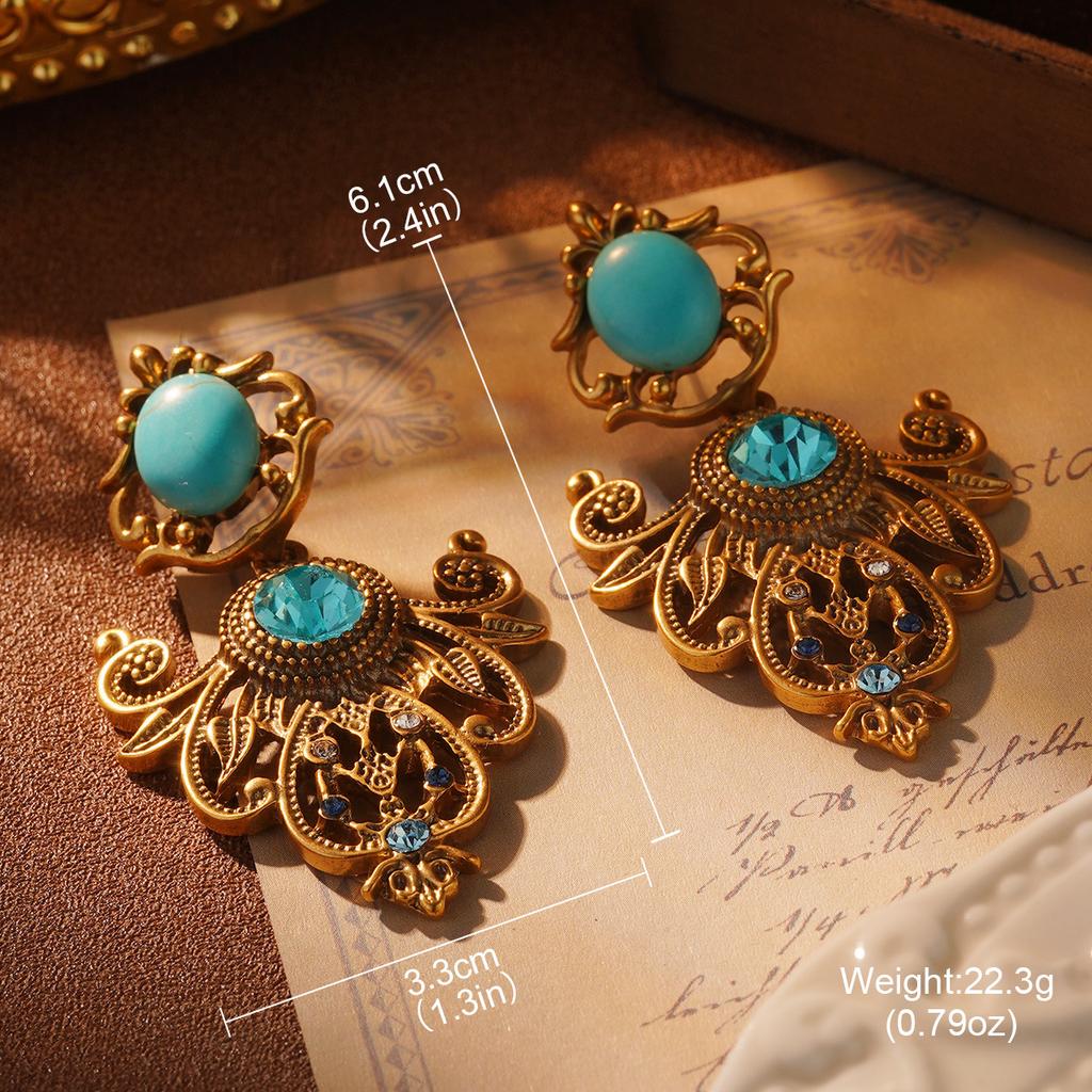 Court Style Light Luxury New Earrings Turquoise Fringed Earrings Medieval Brooch Ring Retro High-end Earrings