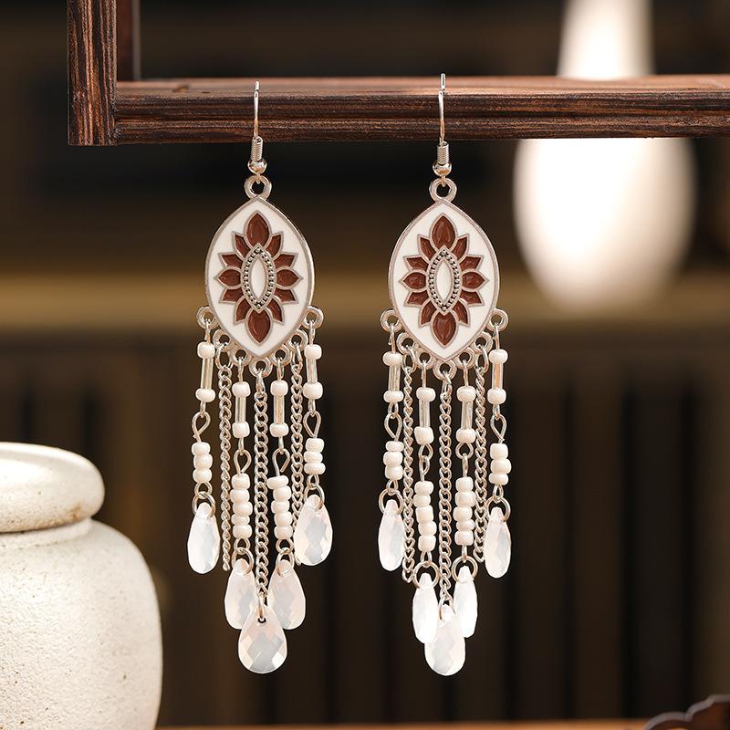 Bohemian Enamel Flower Water Drop Earrings for Women Ethnic Vintage Multicolor Beaded Long Earrings Vacation Daily Jewelry