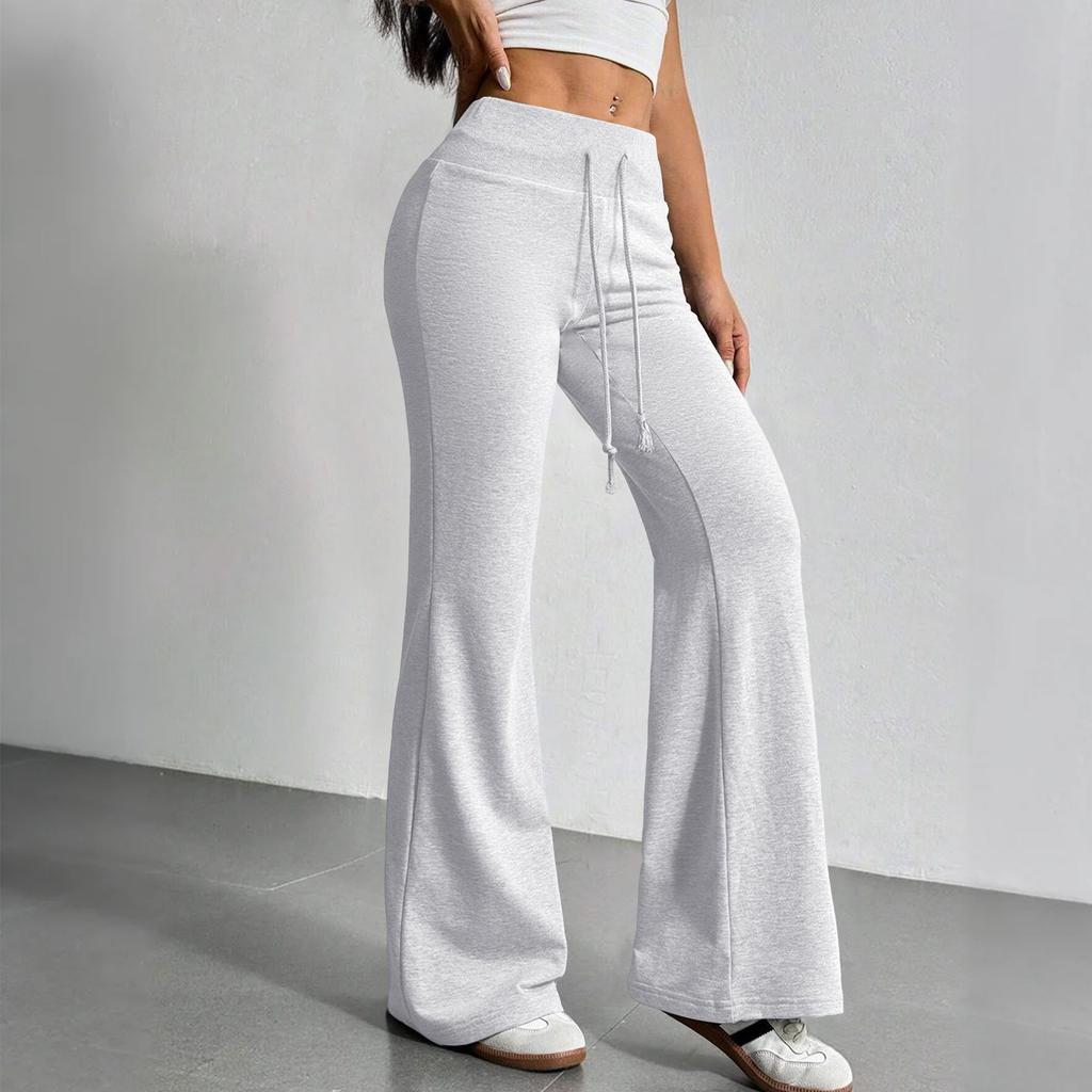 Women's High Waist Drawstring Flare Pants Solid Gray Casual Loose Fit Trousers