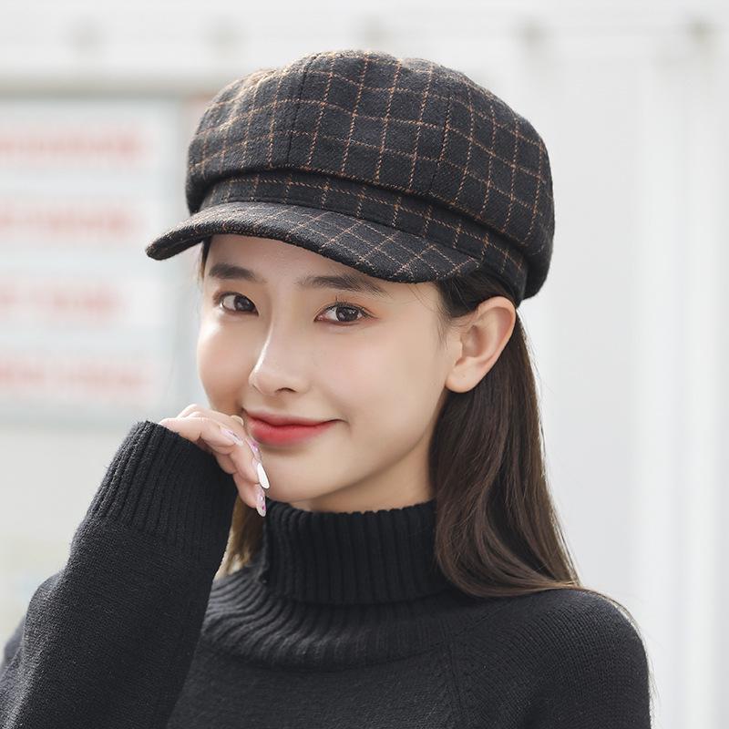 Autumn Winter Retro Plaid Beret - British Newsboy Painter Style for Women чёрный