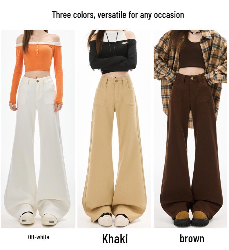 Women's High-Waist Khaki Micro-Flare Jeans - Slimming, Loose Fit, Floor-Length for Spring/Autumn.