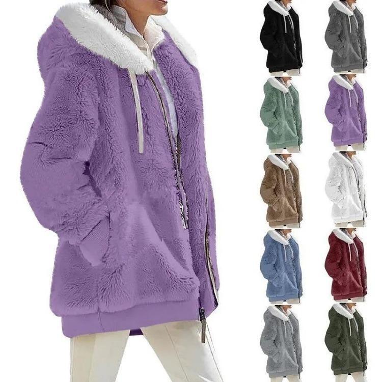 Giacca Casual da Donna in Pile con Cappuccio Cappotto Monocolore Caldo Cappotti in Cashmere Giacca con Zip Moda Abbigliamento Donna Autunno Inverno
