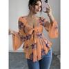 DAFIFY Women's Fashion Casual Spring Autumn Flower Pattern Print Long Sleeve V-Neck Blouses & Shirts
