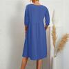 Women's Fashion 3/4 Sleeve Dress Solided Color Lanterned Sleeve Pleated Loose Cotton Linen Pocket Dress