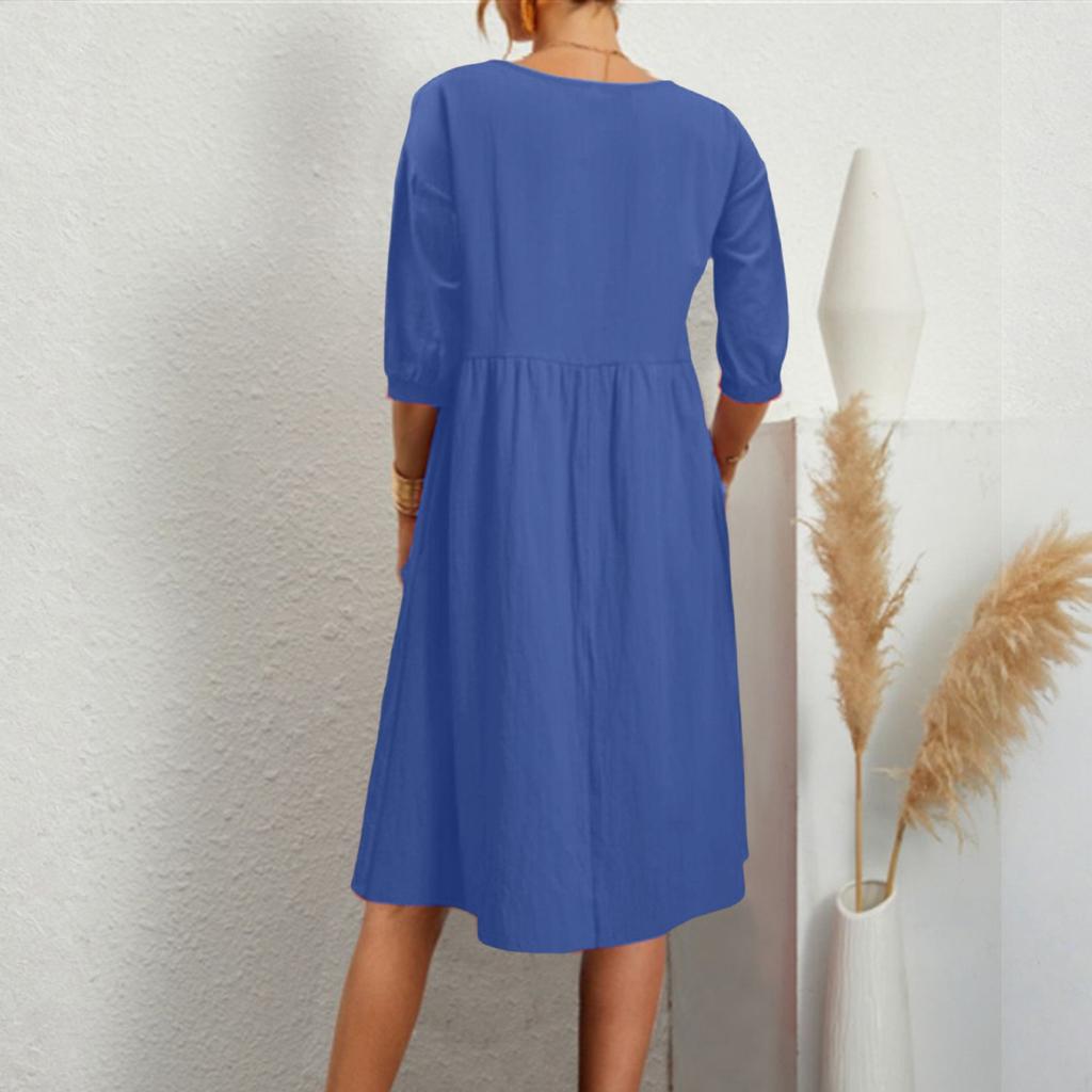 Women's Fashion 3/4 Sleeve Dress Solided Color Lanterned Sleeve Pleated Loose Cotton Linen Pocket Dress