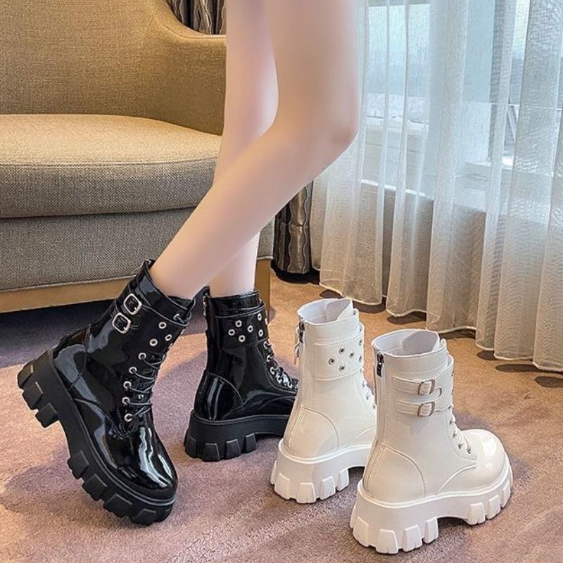 Fashion Platform Lace-up Female Short Shoes Spring Autumn Leather Round Toe Women's Ankle Boots On Offer Trend 2025 New Rock Pu Booties