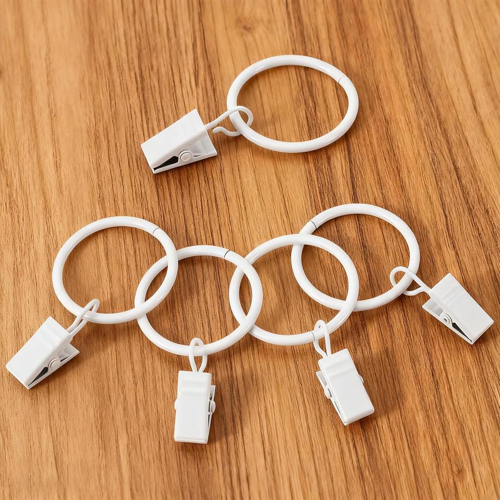 Yolev 15pcs White Curtain Rings with Clips Metal Drapery Rings with Clips 1.26 Interior Diameter Curtain Rod Ring for Hanging Drapery Drapes Fit Up
