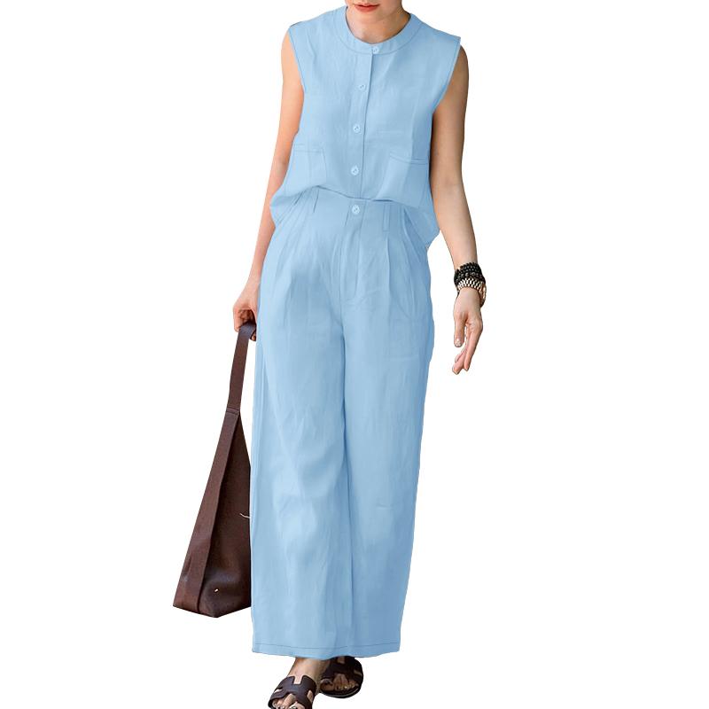 

ZANZEA Женские топы без рукавов и брюки Летние костюмы-двойки S синий