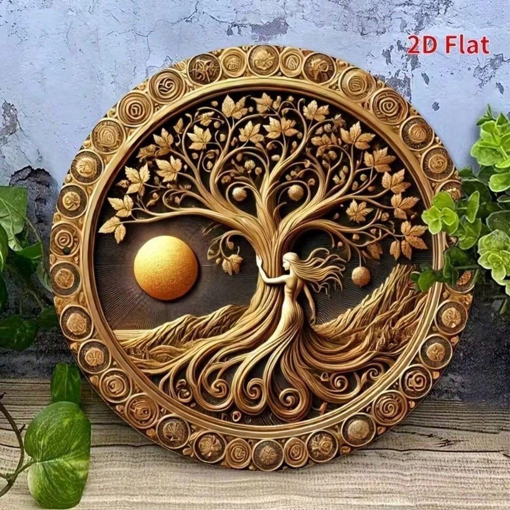 Vintage Gold Foil Metal Poster Wall Art Life Tree Round 8x8 Inch Living Room Decor